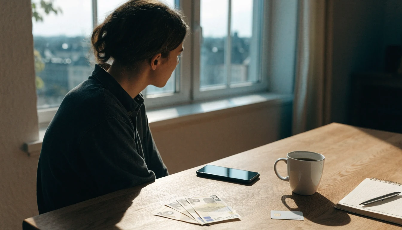 Svensk spelare vid skrivbord med 100-eurosedlar och telefon