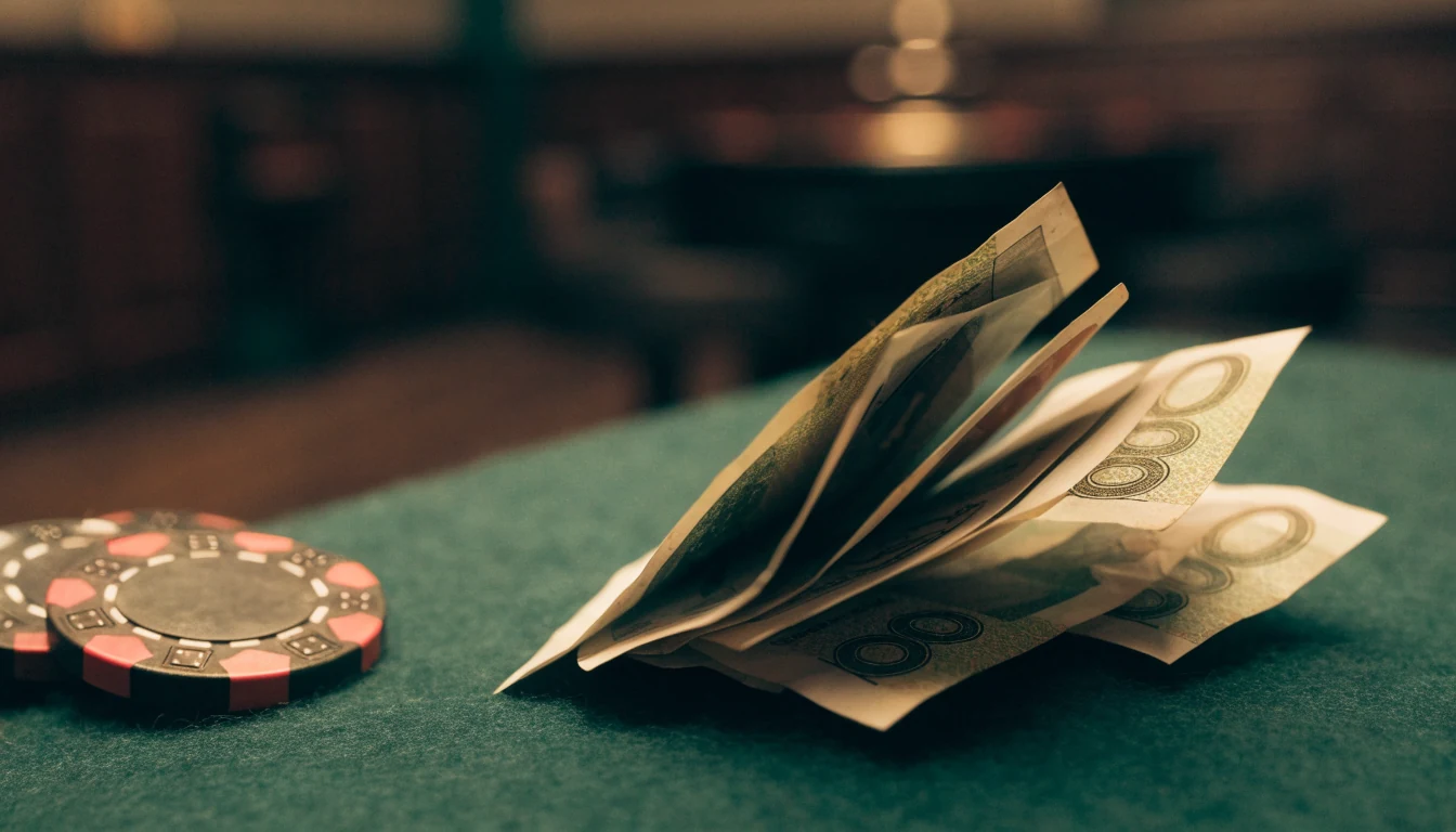 Hög med svenska hundrakronorssedlar och casinomarker på grönt filtunderlag