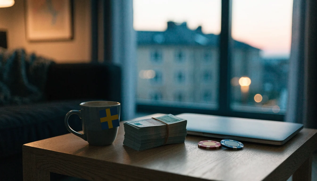 Stapel med 150 svenska kronor och casinomarker på ett soffbord