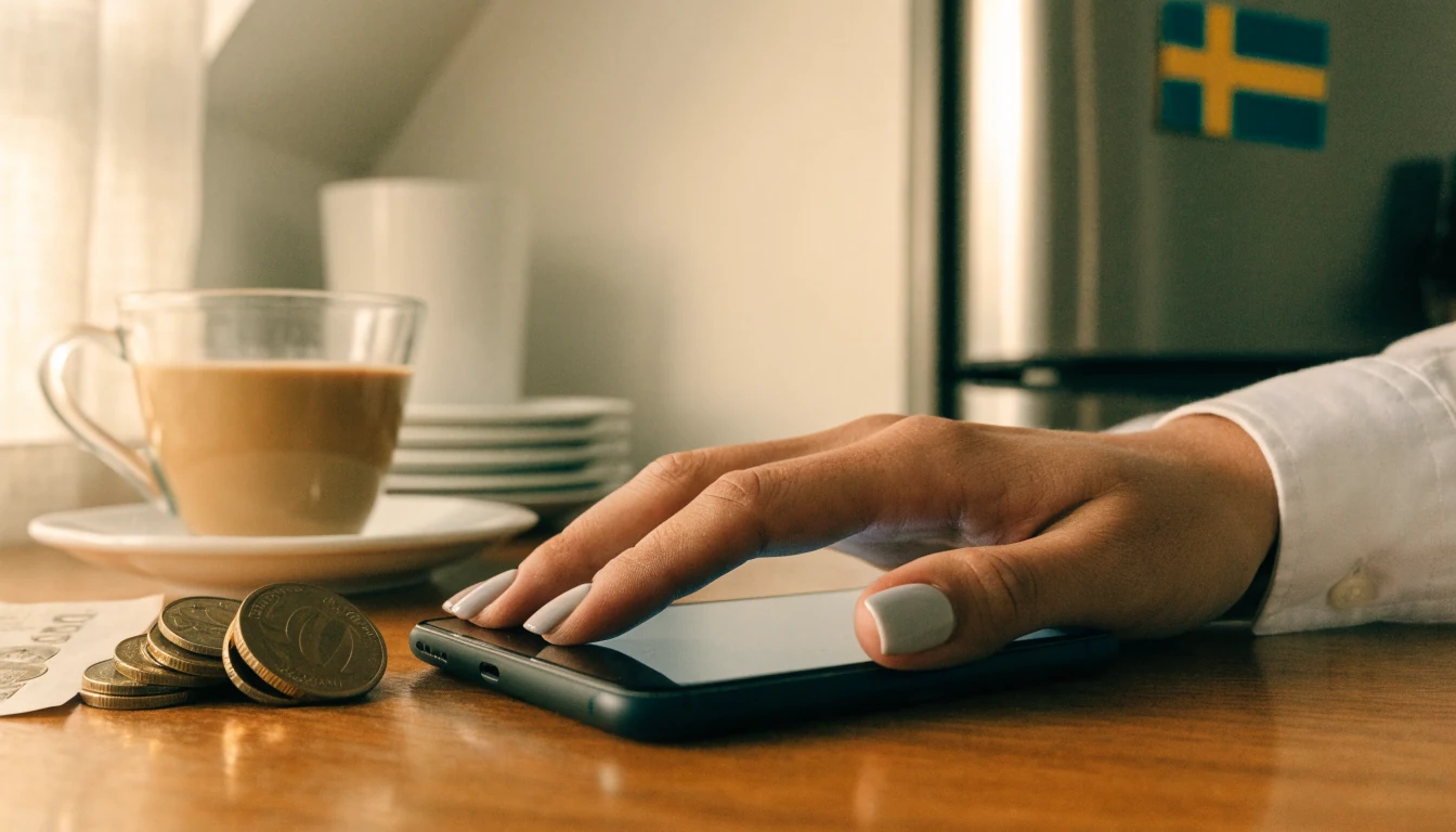 Hand med mobil, 50-kronors mynt och kaffekopp på svenskt köksbord