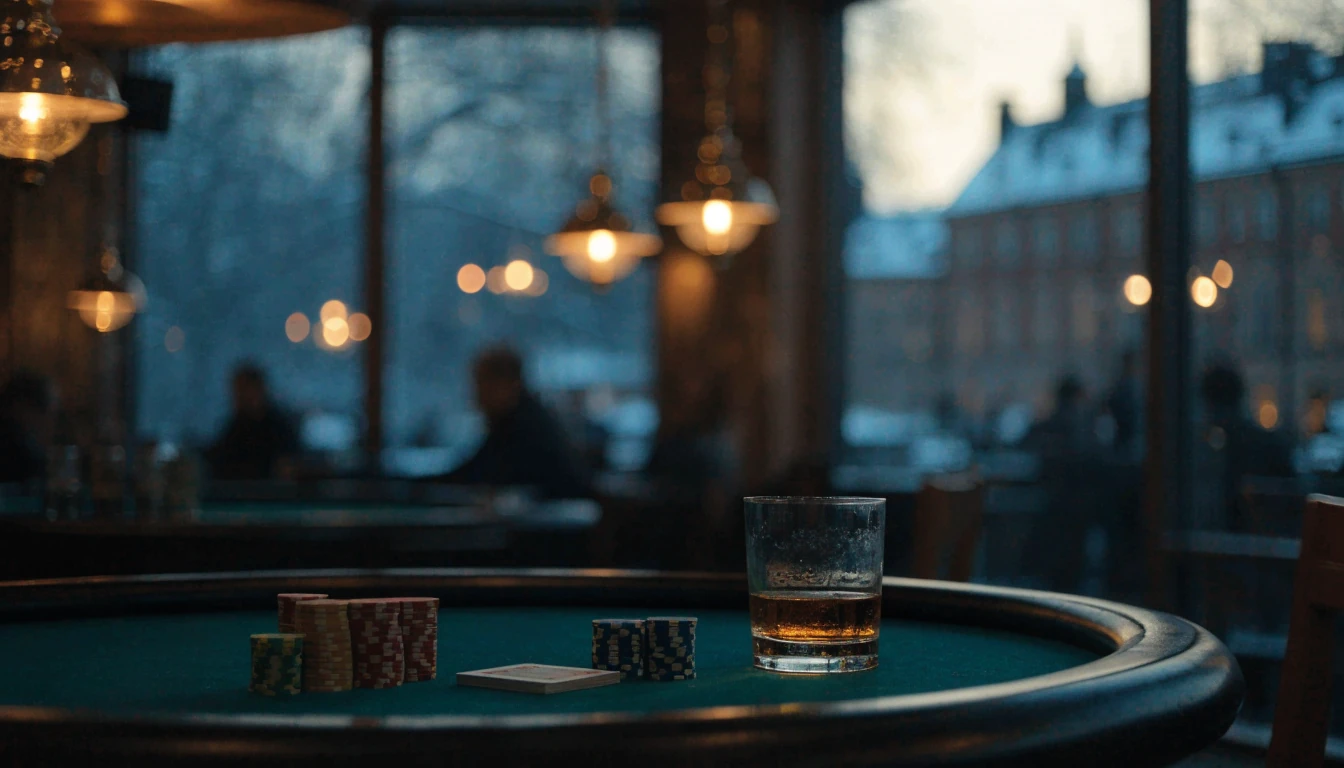Elegant blackjack-bord med marker och kort i svenskt casinokafé
