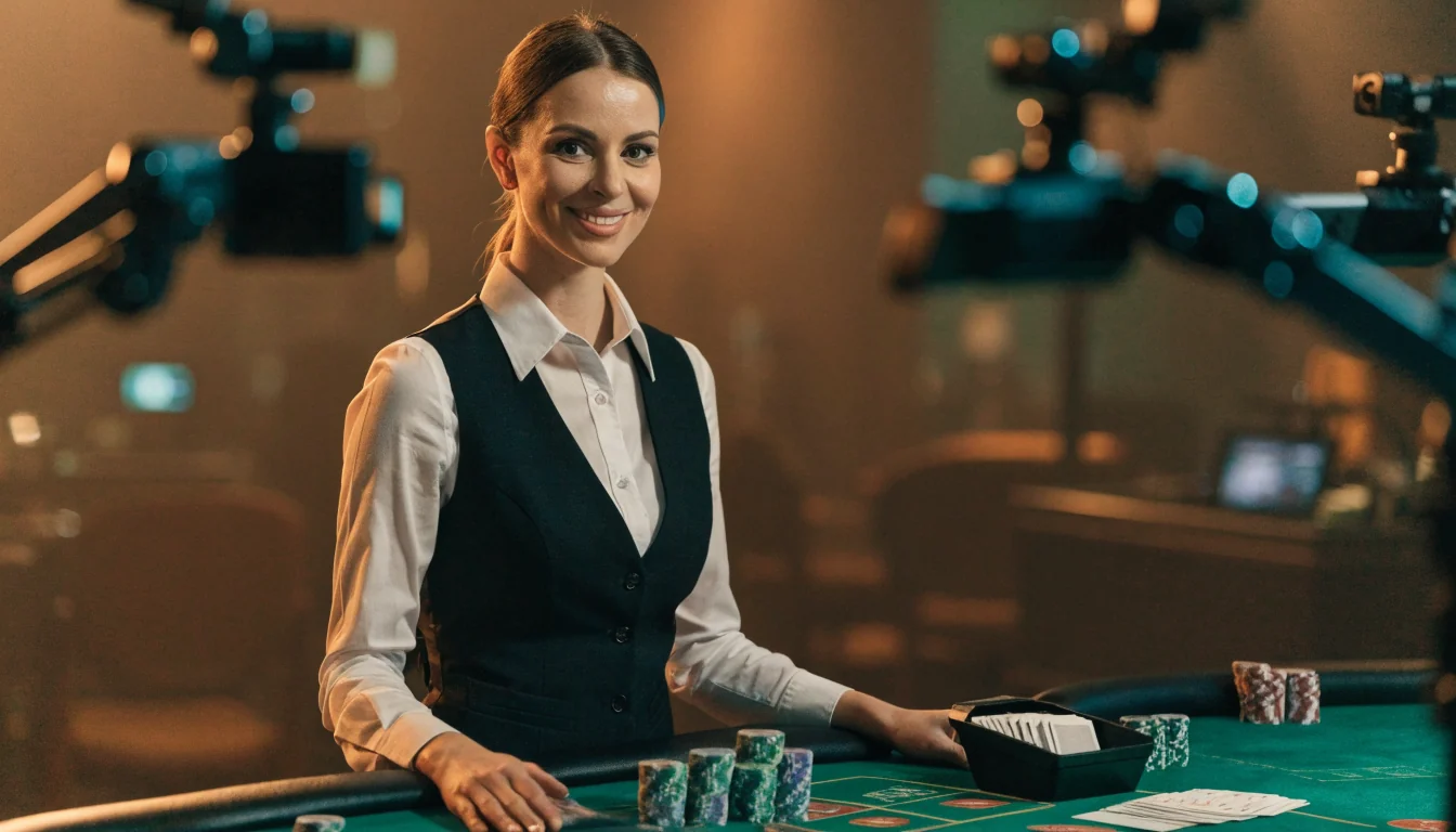 Professionell live dealer bakom blackjackbord i casinostudio
