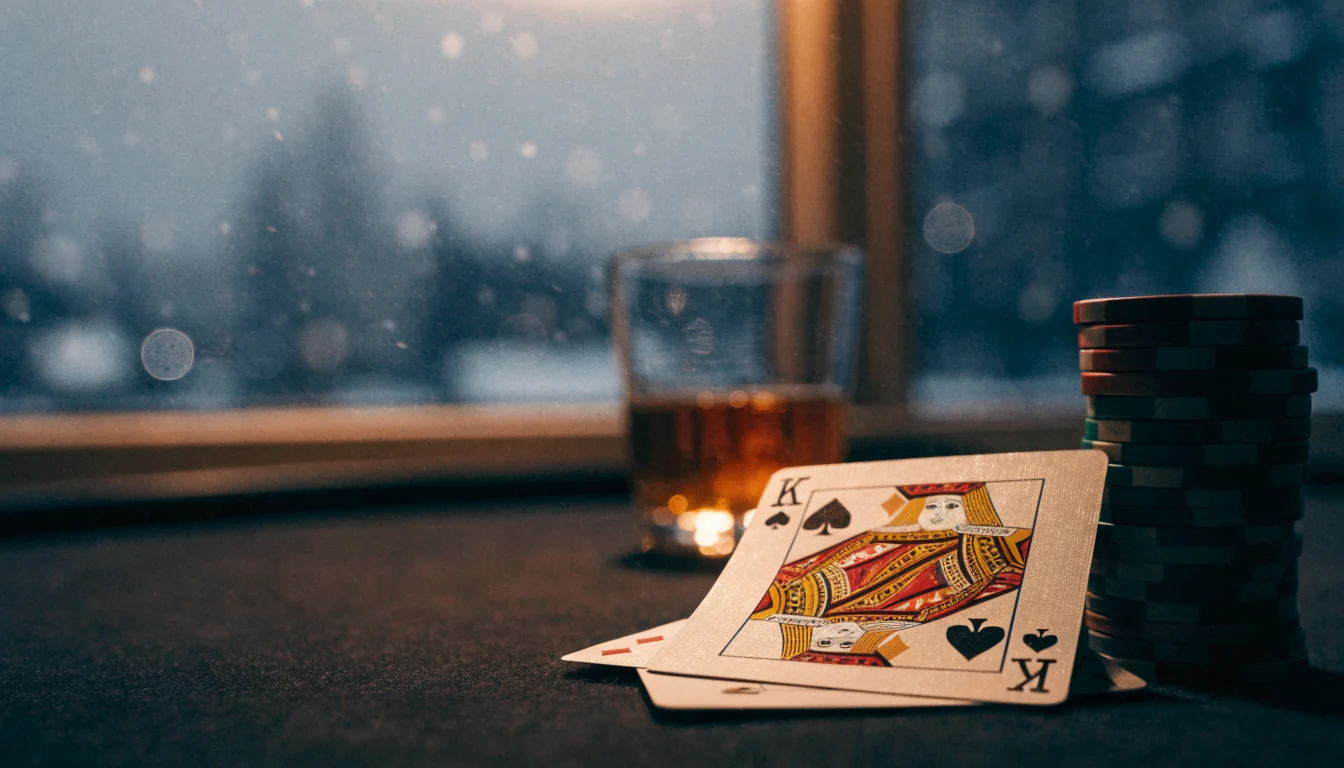 Blackjack-hand med ess och klädda kort på filtbord, casinoklampar och vinterutsikt över Sverige