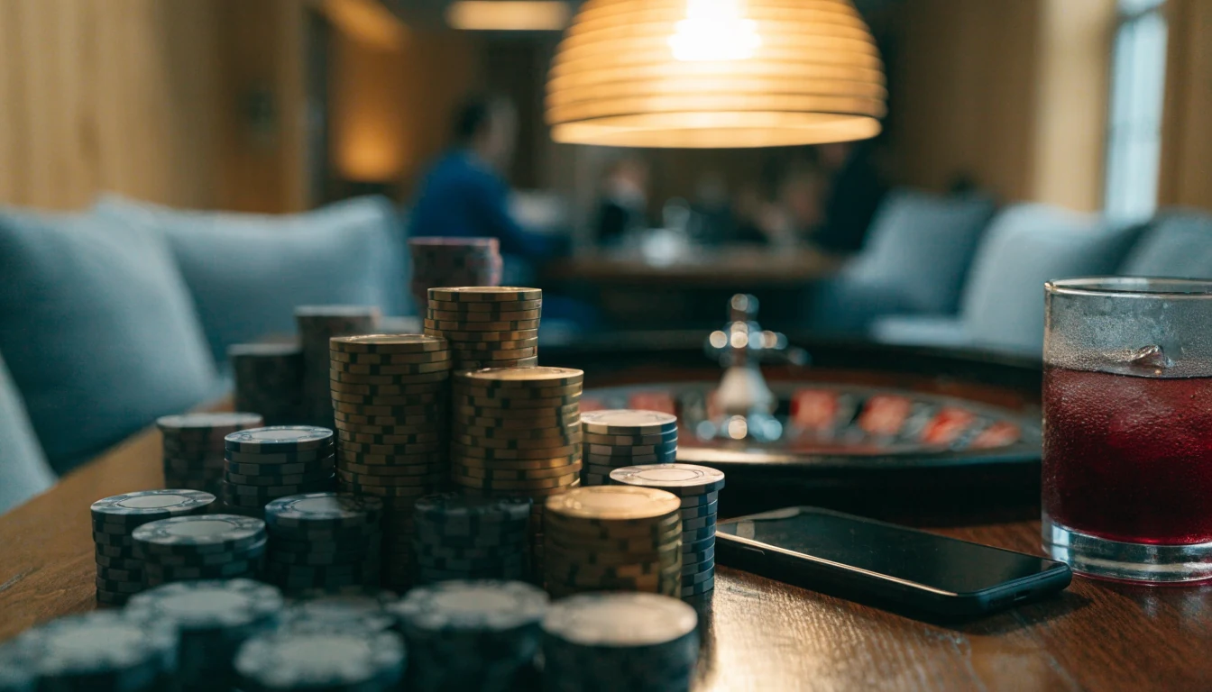 Casinochips och roulettehjul på ett elegant bord i en svensk casinomiljö