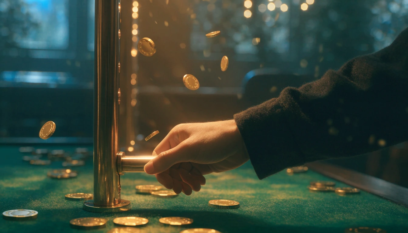 Hand som sträcker sig mot en spelautomat med mynt och casinopolletter