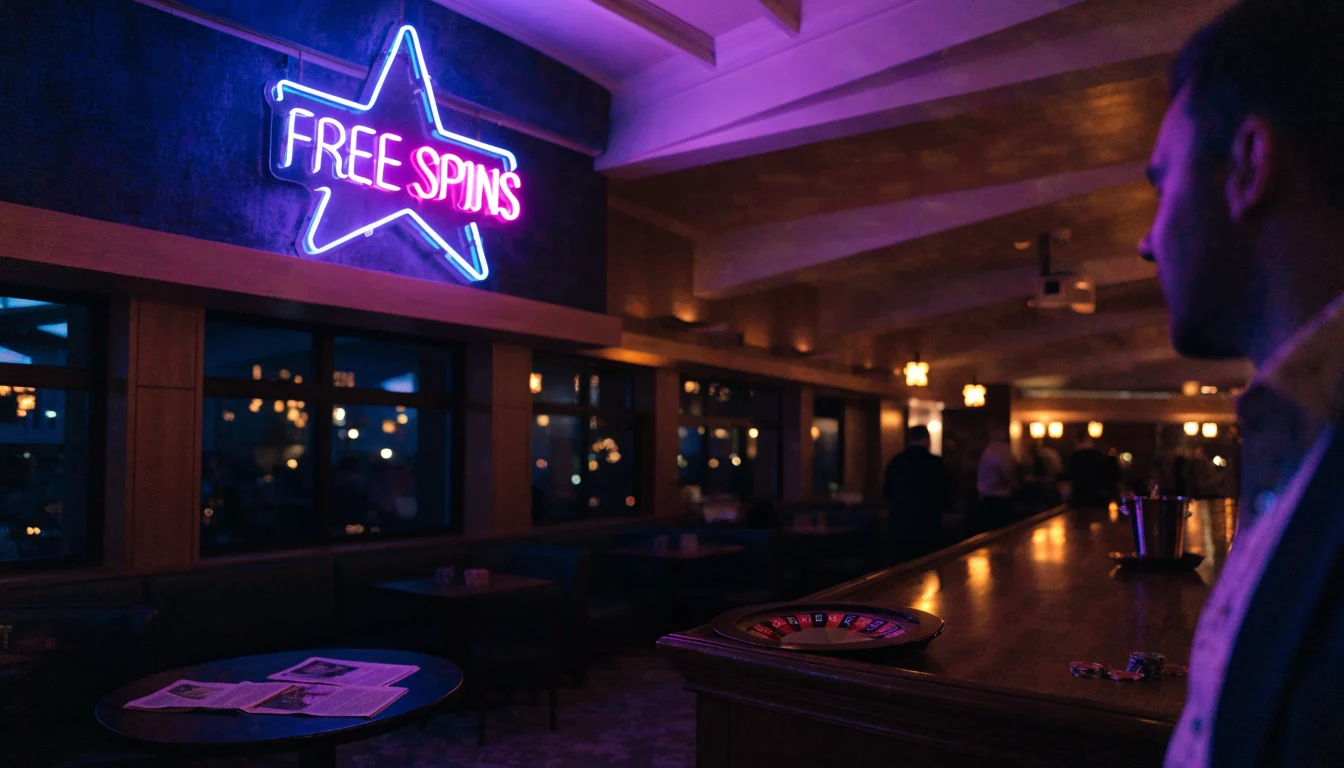 Stilren svensk casinolounge med neonskylt och casenchippar