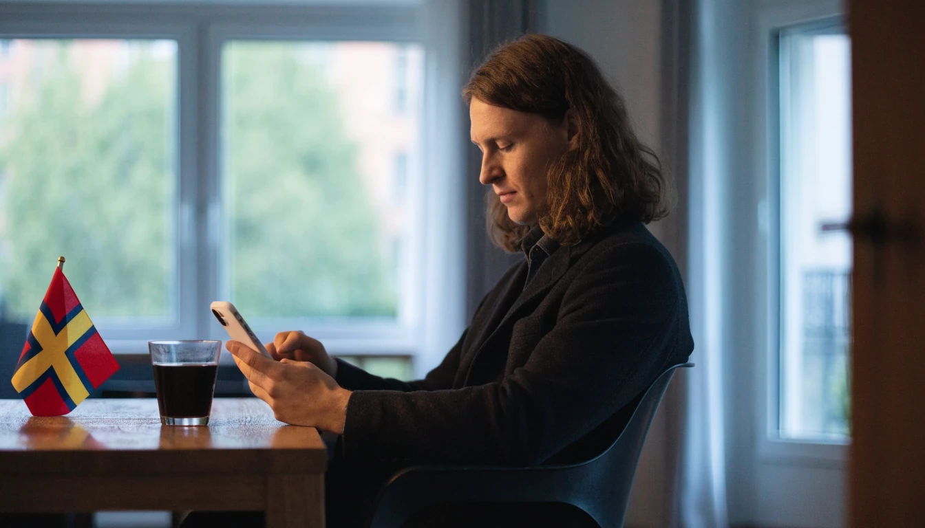 Person i Stockholm-lägenhet med mobiltelefon och svensk flagga