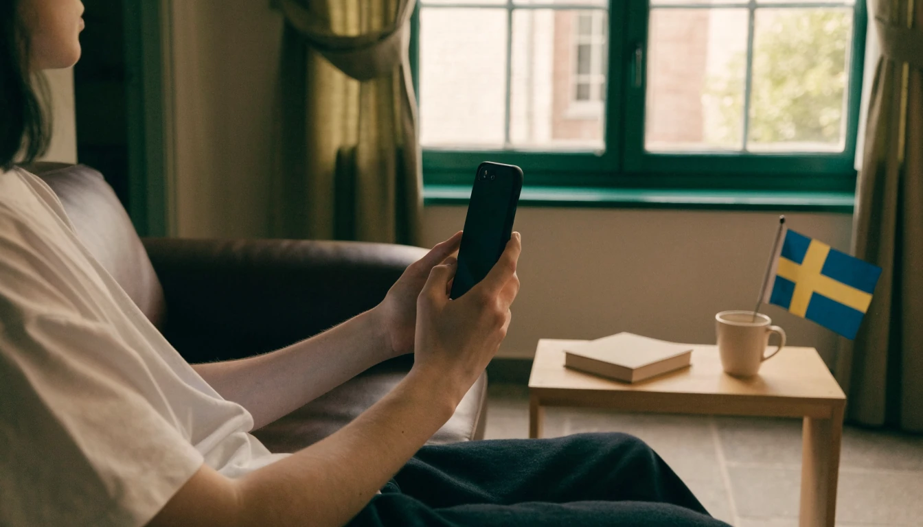 Avslappnad person i svenskt vardagsrum som håller i en mobiltelefon