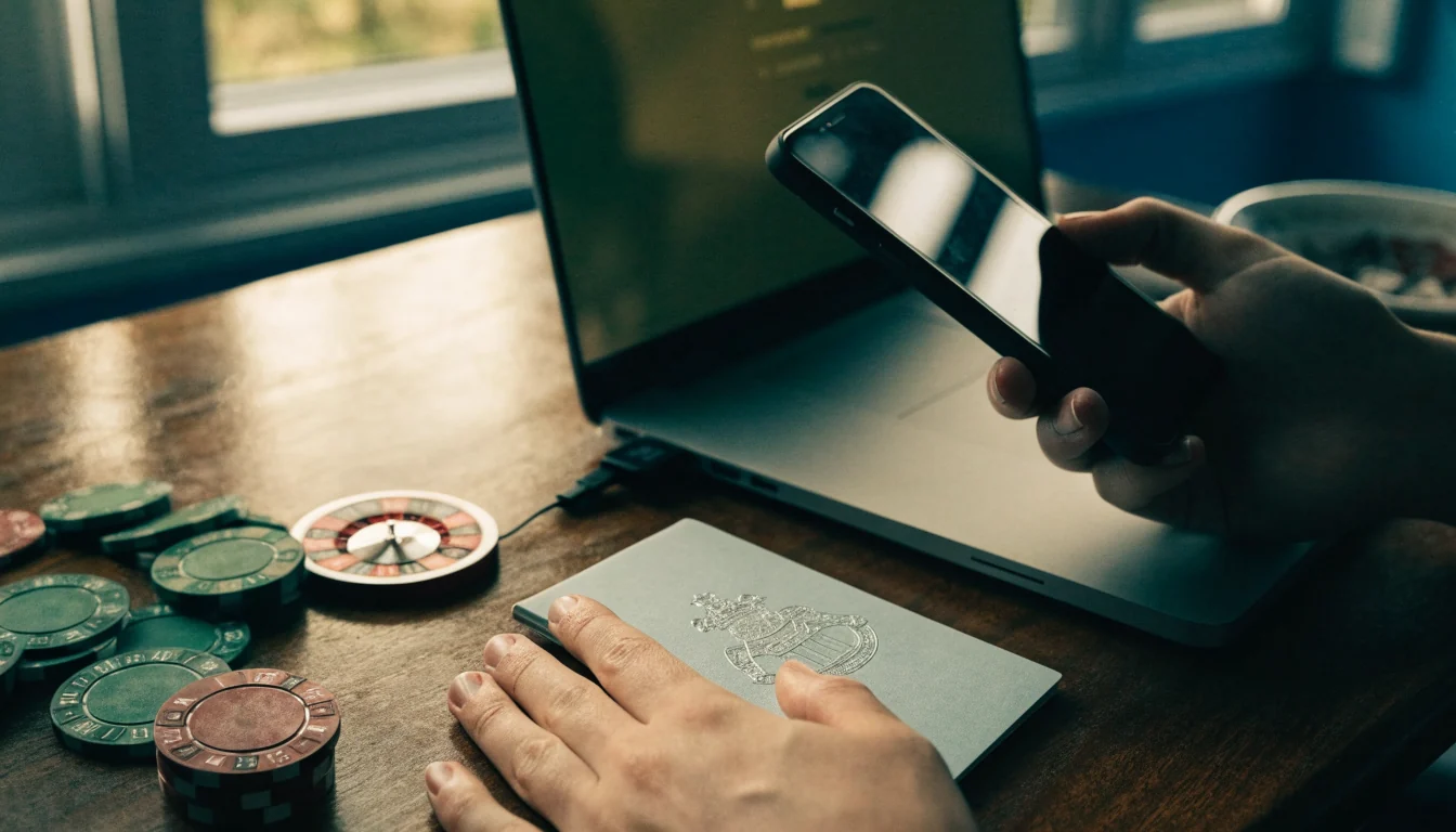 Svensk mobiltelefon med BankID-symbol och casinospelmarker på bord
