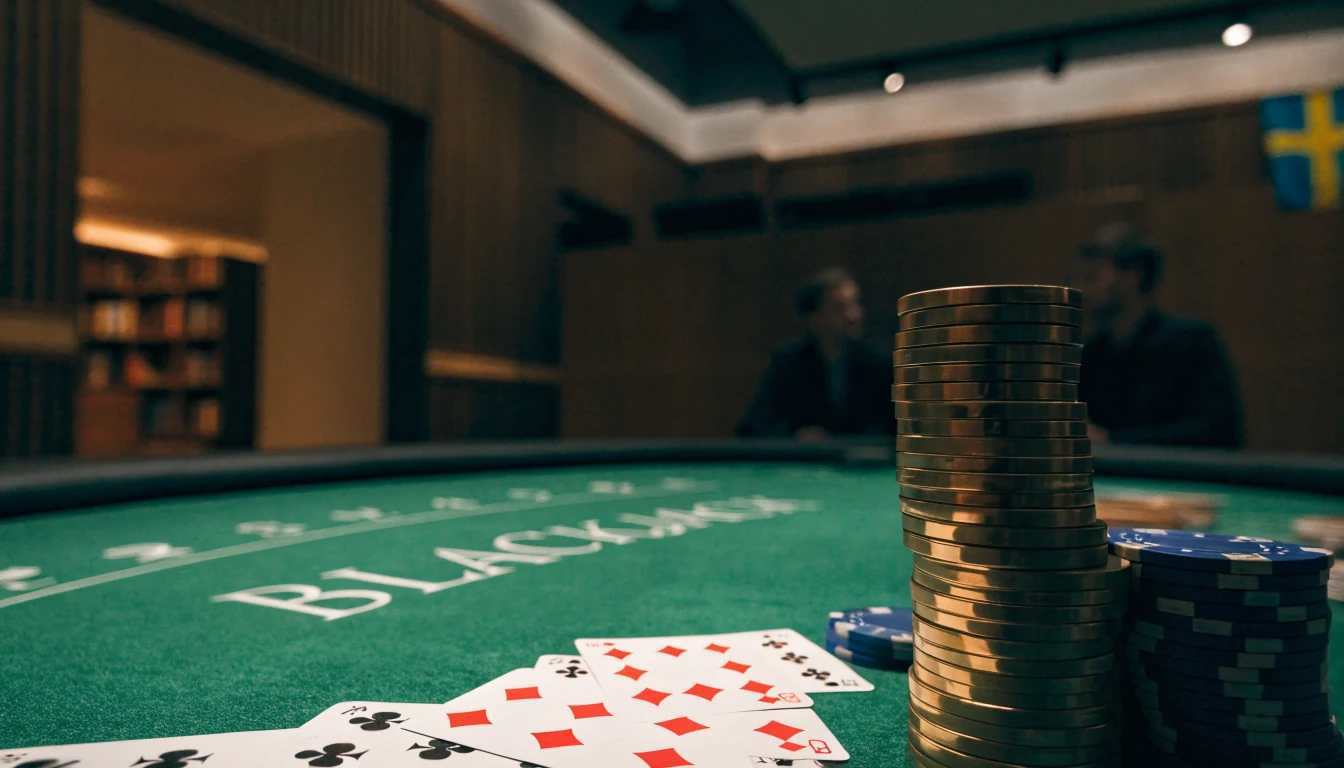 Elegant blackjackbord med marker och kort i en svensk casinomiljö med varm belysning