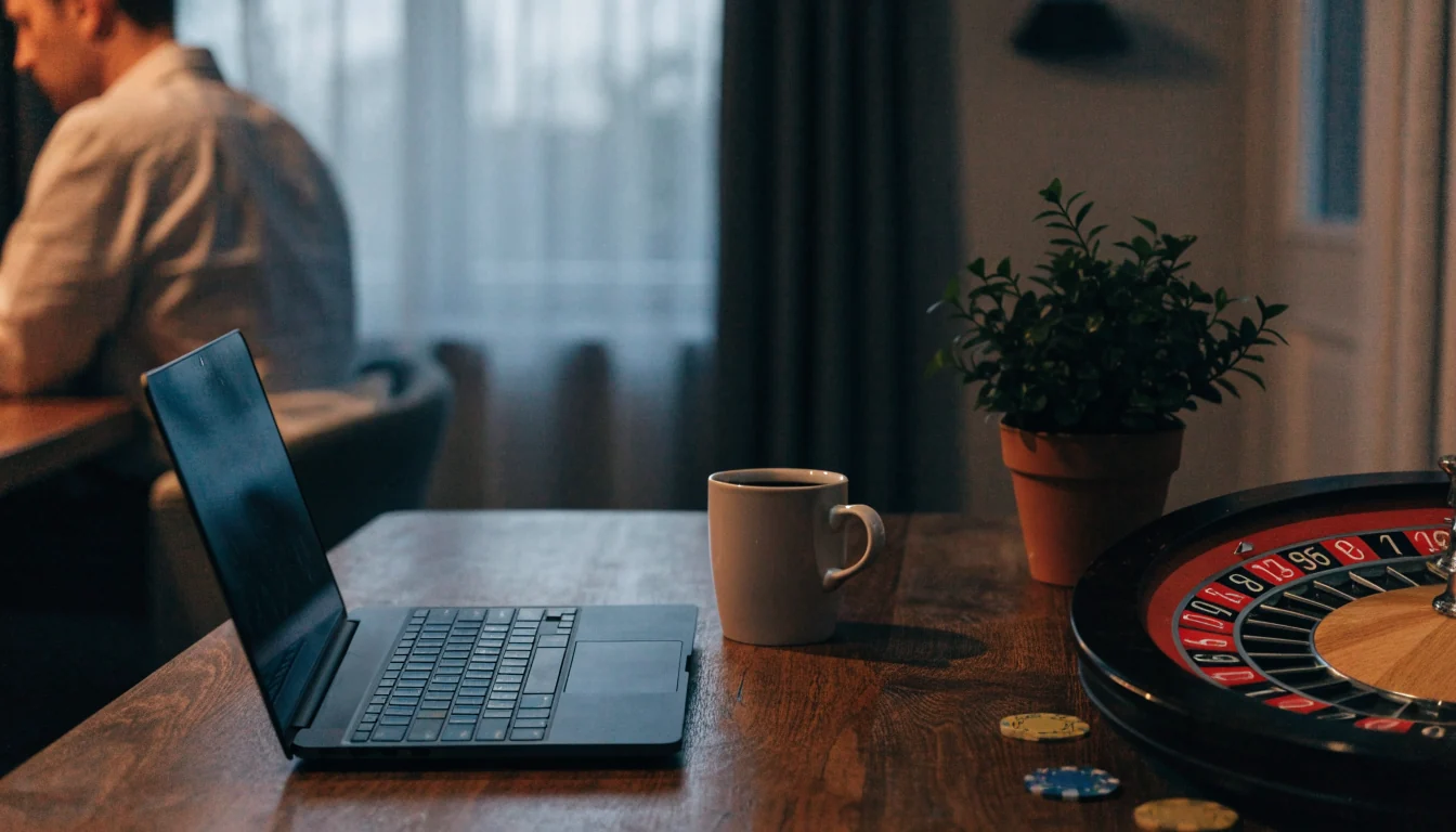 Mysig svensk hemmiljö med stängd laptop och casinotema på bordet