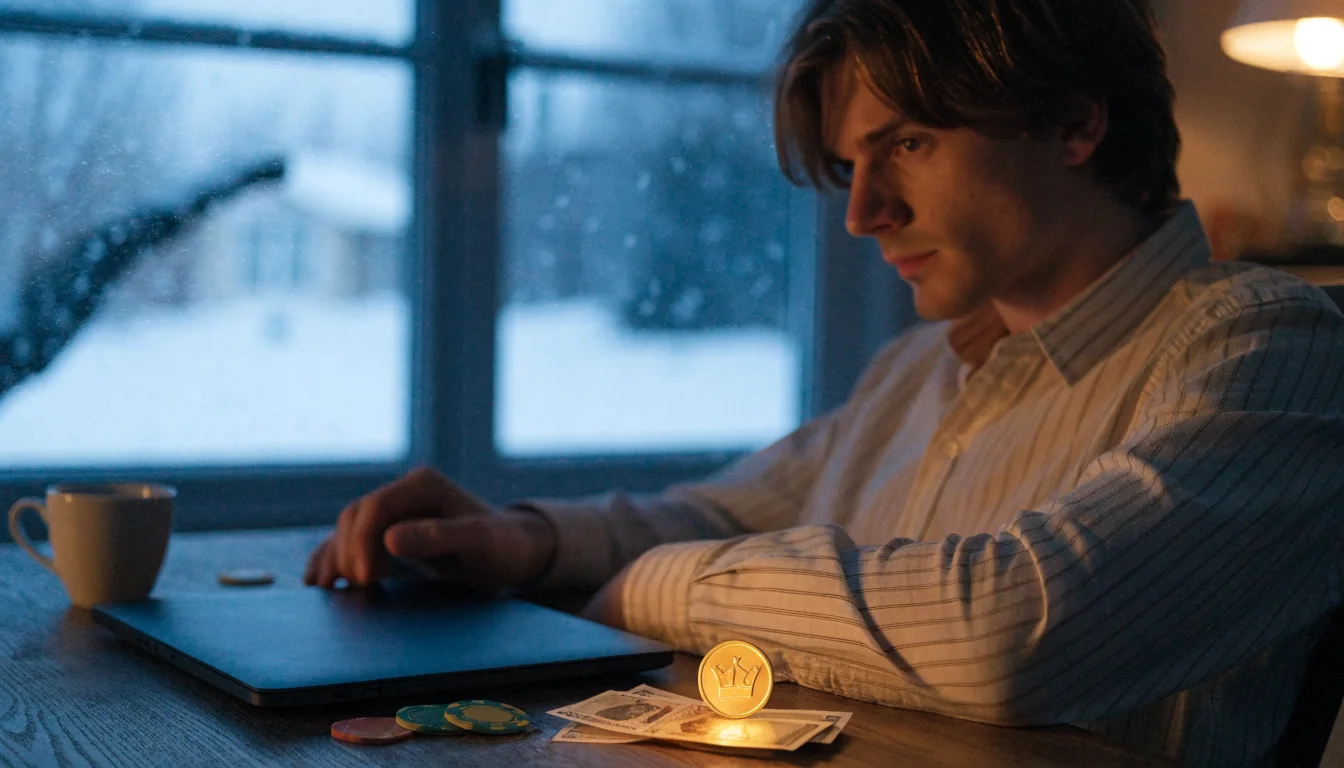 Svensk man vid skrivbord med casinoleksaker och guldmynt vid snöigt fönster