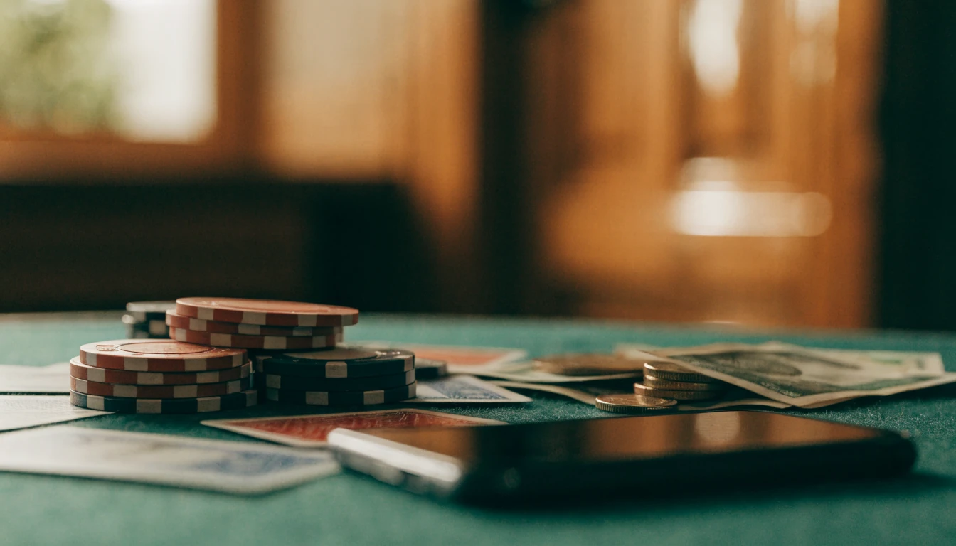Liten stack casinotärningar och svenska kronor på ett spelbord