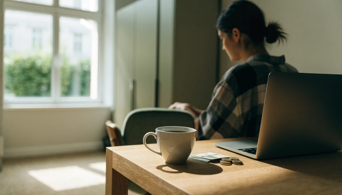 Person vid skrivbord med kronor och kaffekopp i ljus svensk lägenhet