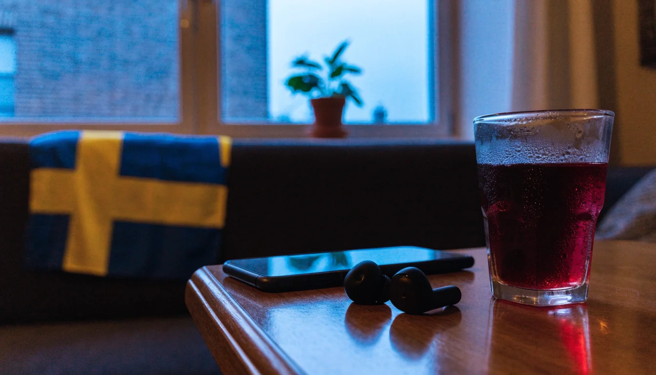 Svenskt vardagsrum med telefon och hörlurar på bordet, mysig kvällsstämning