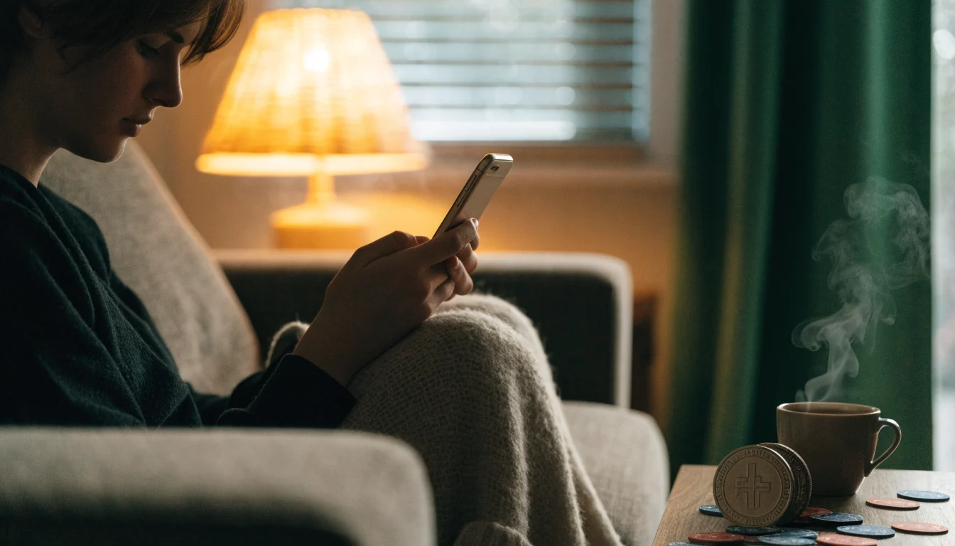Person med mobiltelefon i mysig svensk vardagsrum med casinoflikar