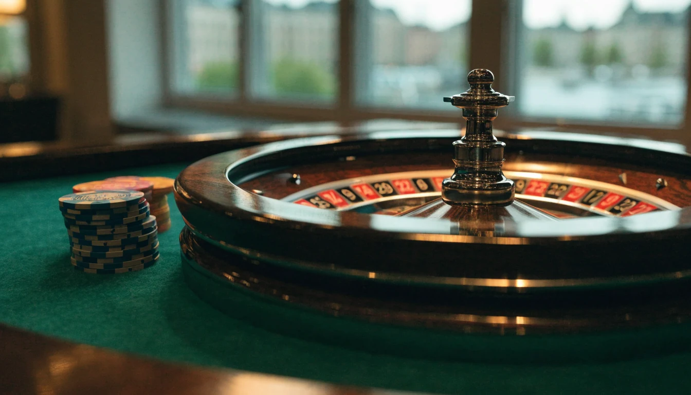 Polerat roulettehjul av trä med färgglada casinokmarker på grönt filtbord, svensk kasinomiljö