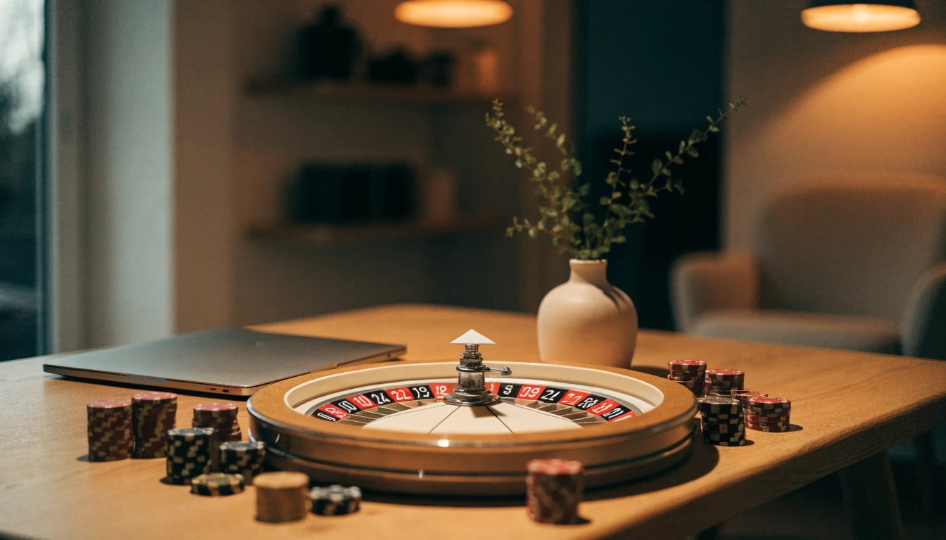 Minimalistiskt skandinaviskt rum med roulettehjul och casinomarker i varm belysning