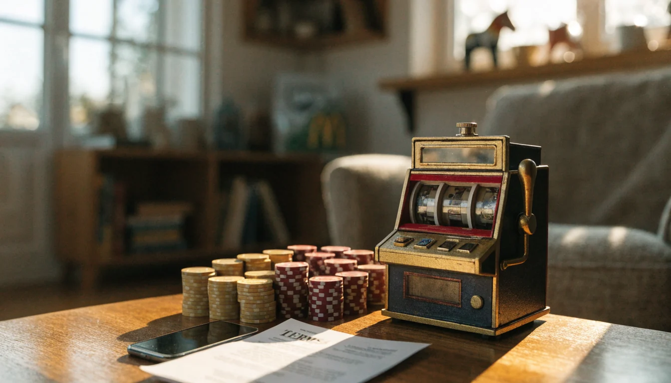 Klassisk spelautomat med casinotokens på ett svenskt soffbord i varmt kvällsljus
