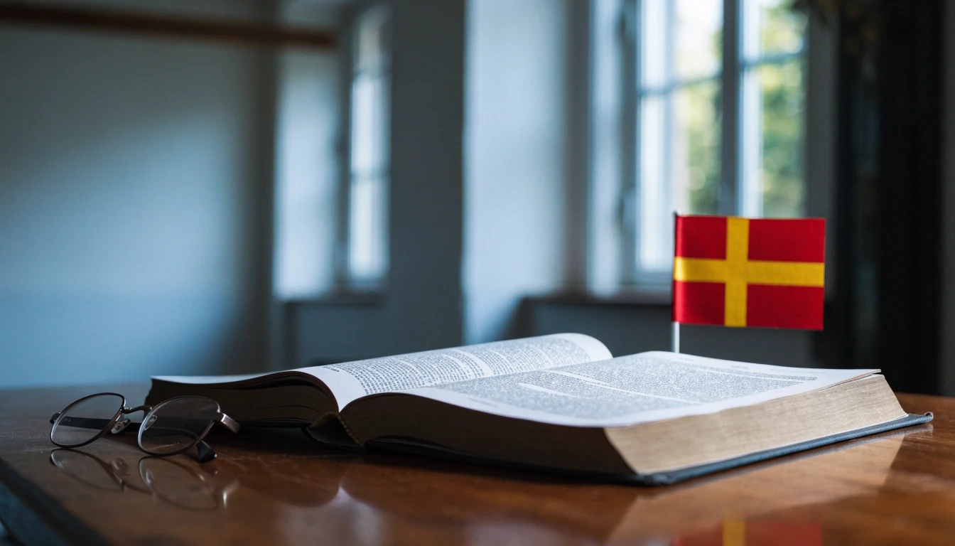 Öppen juridisk handbok på skrivbord med svensk flagga och läsglasögon
