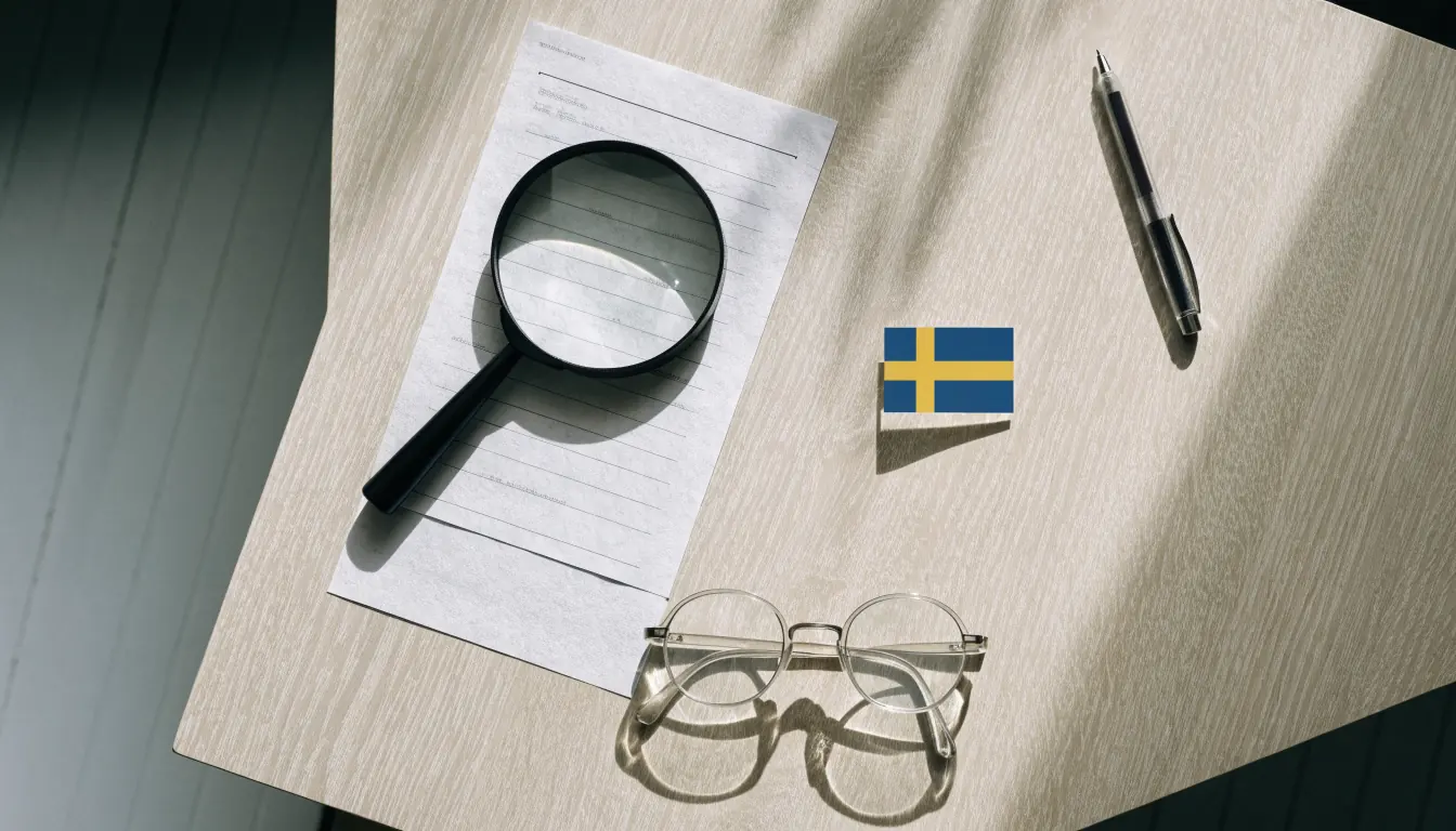 Skrivbord med förstoringsglas över licensdokument och svensk flagga