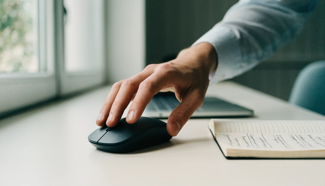Hand som tvekar över mus vid block med checklista