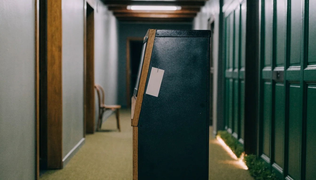 Sidovy av spelautomat med anslag i lugn korridor