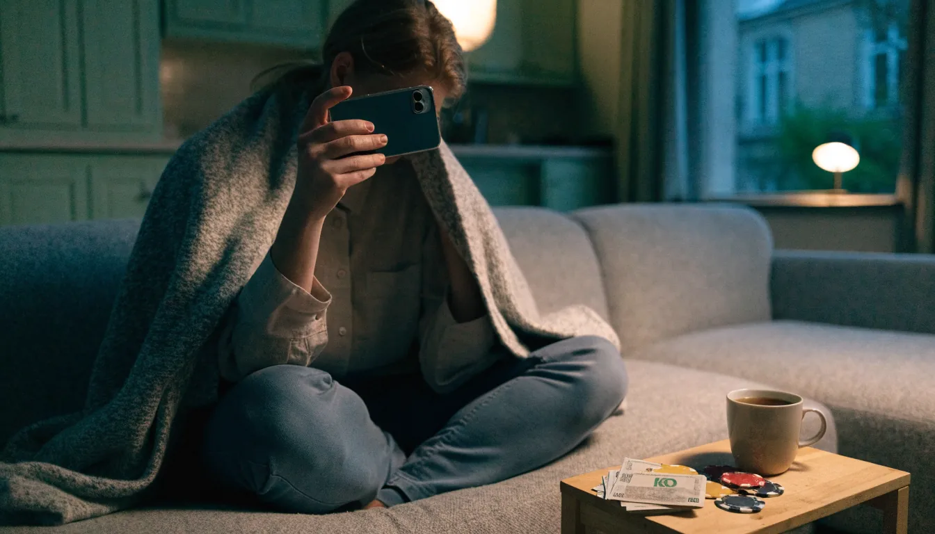 Person i soffa med telefon, kaffekopp och spelmarker på bordet.
