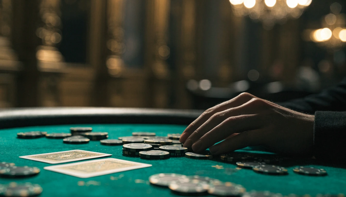 Närbild av ett casinobord med marker och två nedåtvända kort i grönt filt