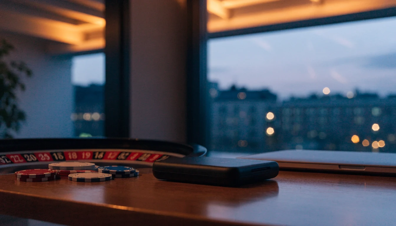 Kryptovaluta-plånbok och casinofickor på ett bord i Stockholm