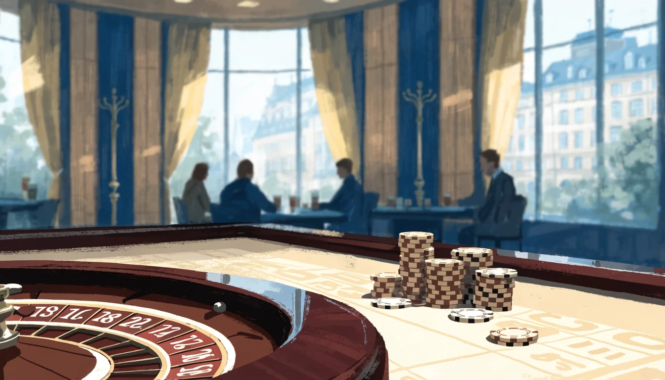 Svensk casinohall med roulettebord och chips i varm belysning