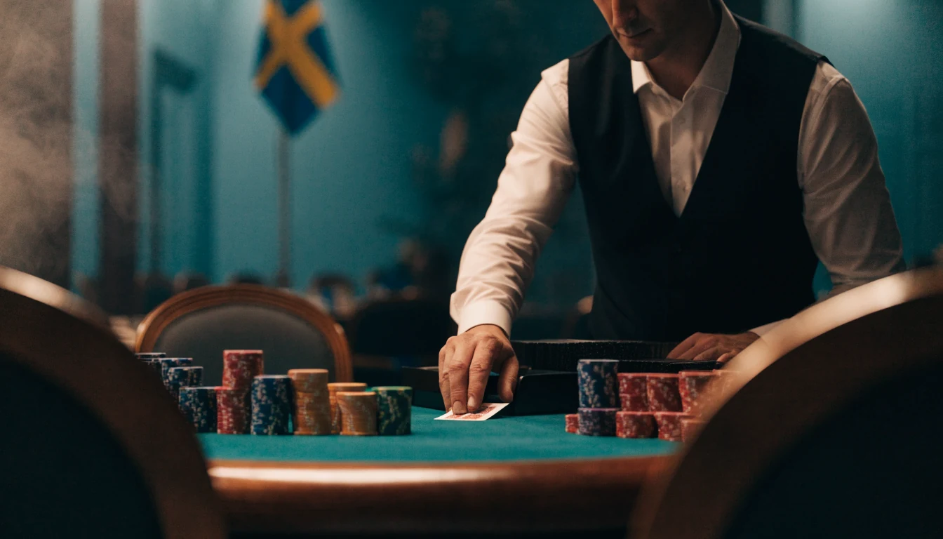 Live blackjack dealer vid ett grönt bord med marker i ett professionellt casinostudio