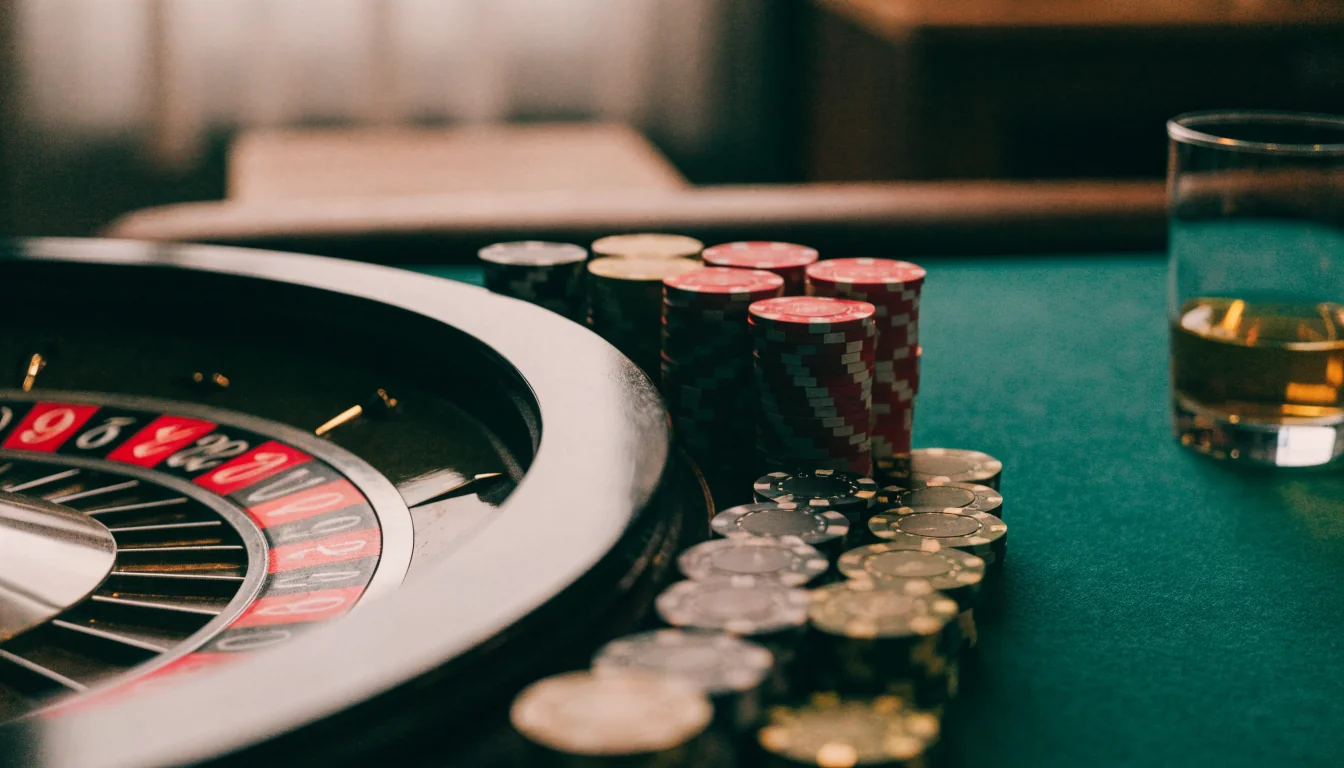 Roulettehjul med casinomarker på grönt bord
