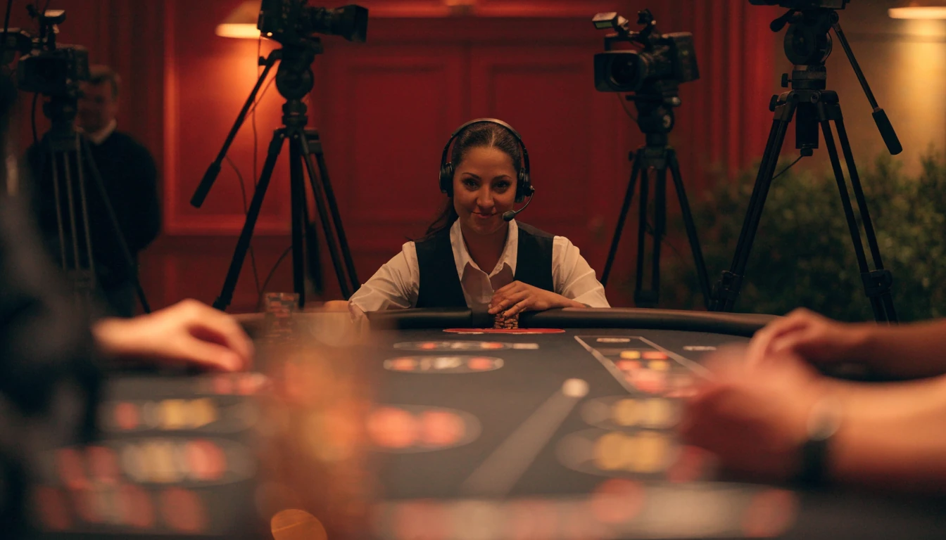 Live dealer vid blackjackbord i casinostudio