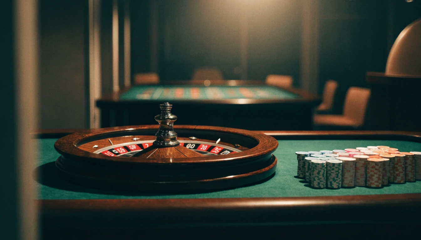 Live dealer-bord med roulettehjul och casinofigurer i elegant studio