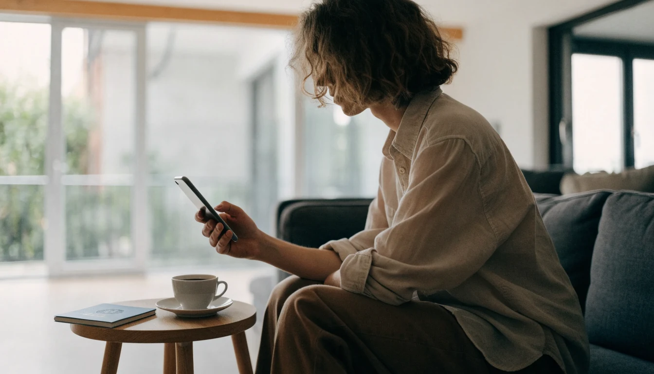 Person med mobiltelefon i en modern svensk lägenhet, BankID redo