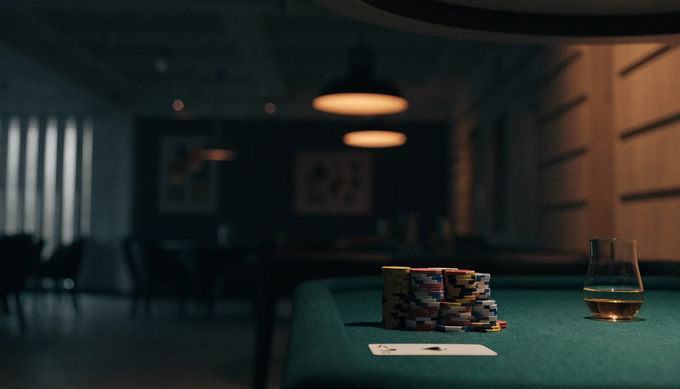 Elegant blackjackbord med färgglada casinomarker i stämningsfullt upplyst rum