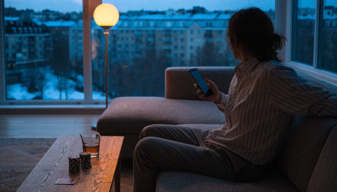 Person i modern svensk lägenhet vid skymning med mobiltelefon, casinomarker och spelkort på bordet