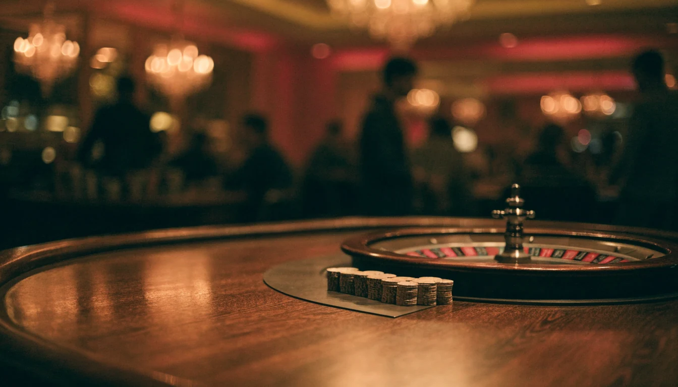 Elegant svenskt casino med roulettebord och marker i varm belysning