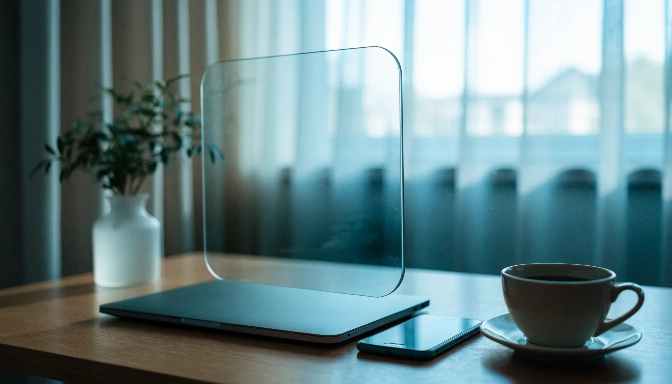 Genomskinlig glasskärm som skyddar en bärbar dator och telefon på ett skrivbord