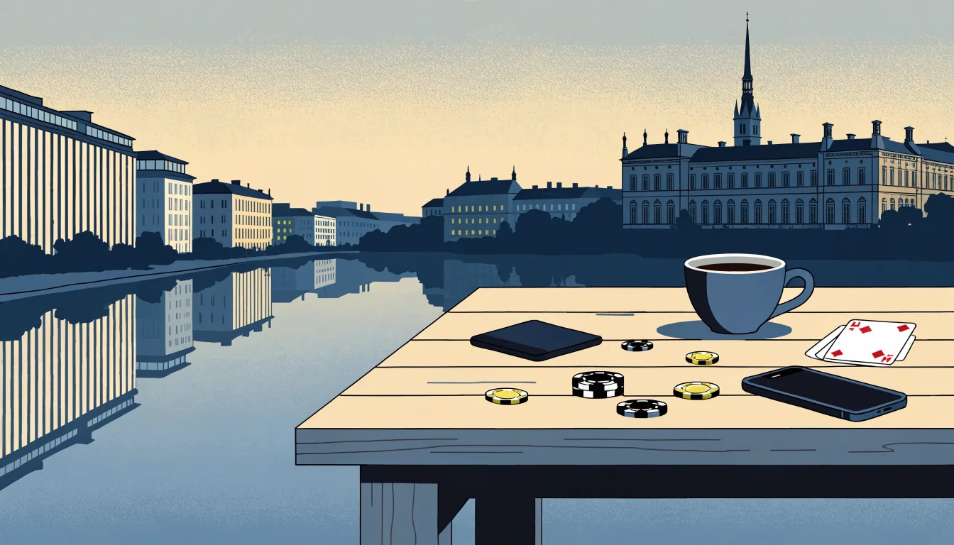 Stiltad illustration av ett svenskt casinotema vid Stockholms vatten