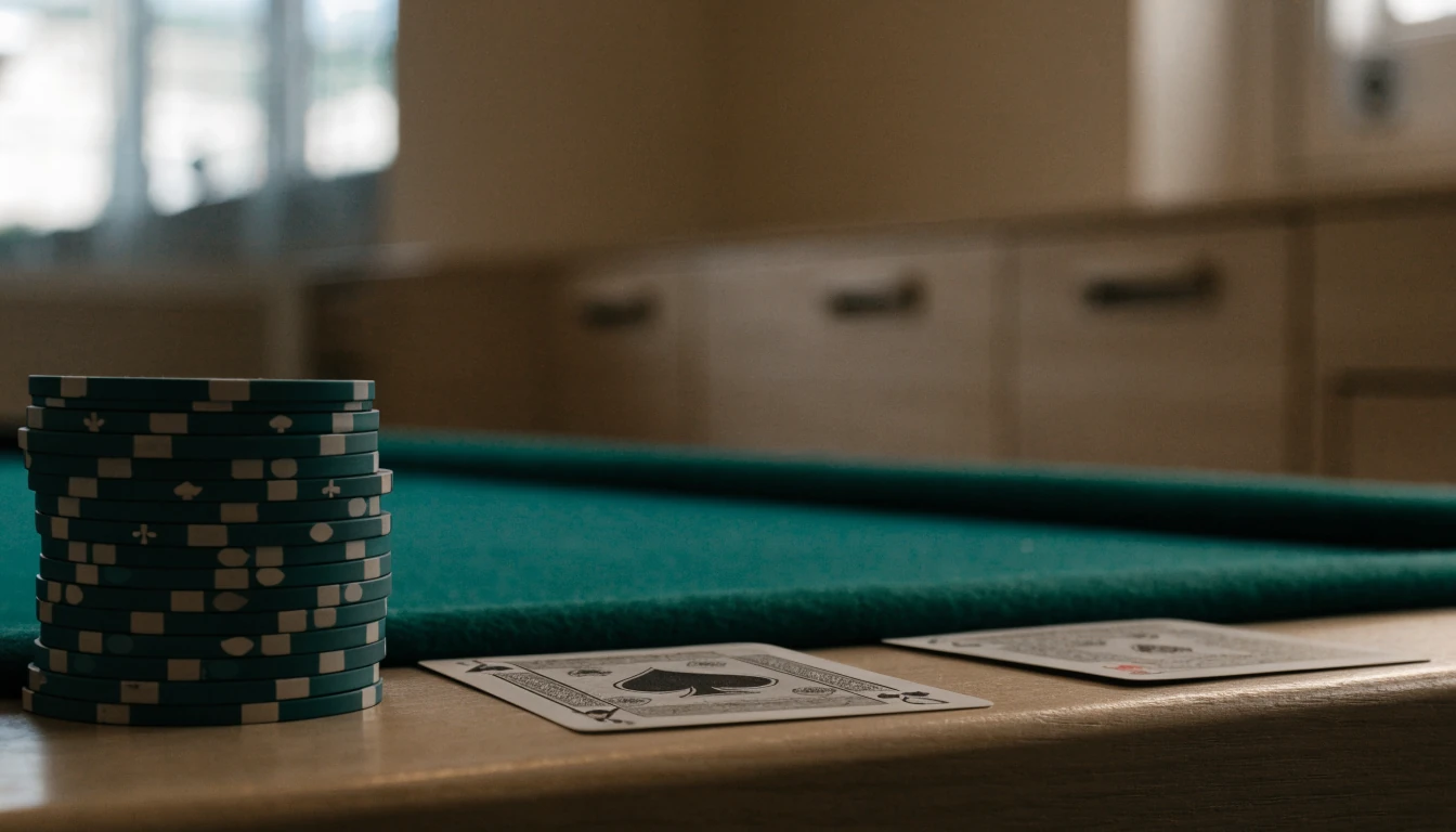 Blackjack-bord med marker och ett ess på grönt filtunderlag