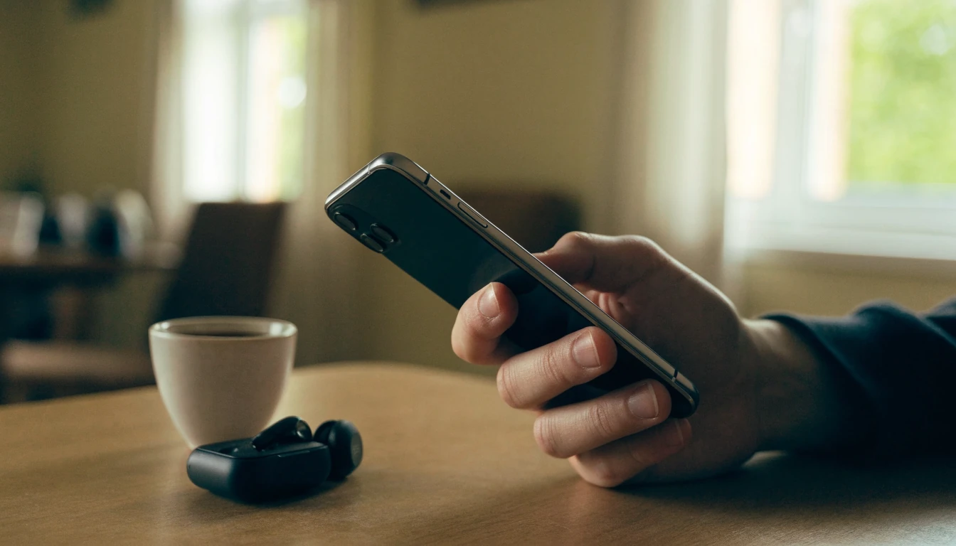 Hand håller en smartphone i ett svenskt hem med naturligt ljus