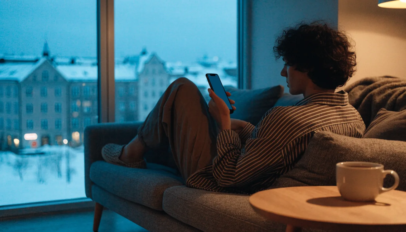 Svensk person med smartphone i modern vardagsrum med vinterutsikt