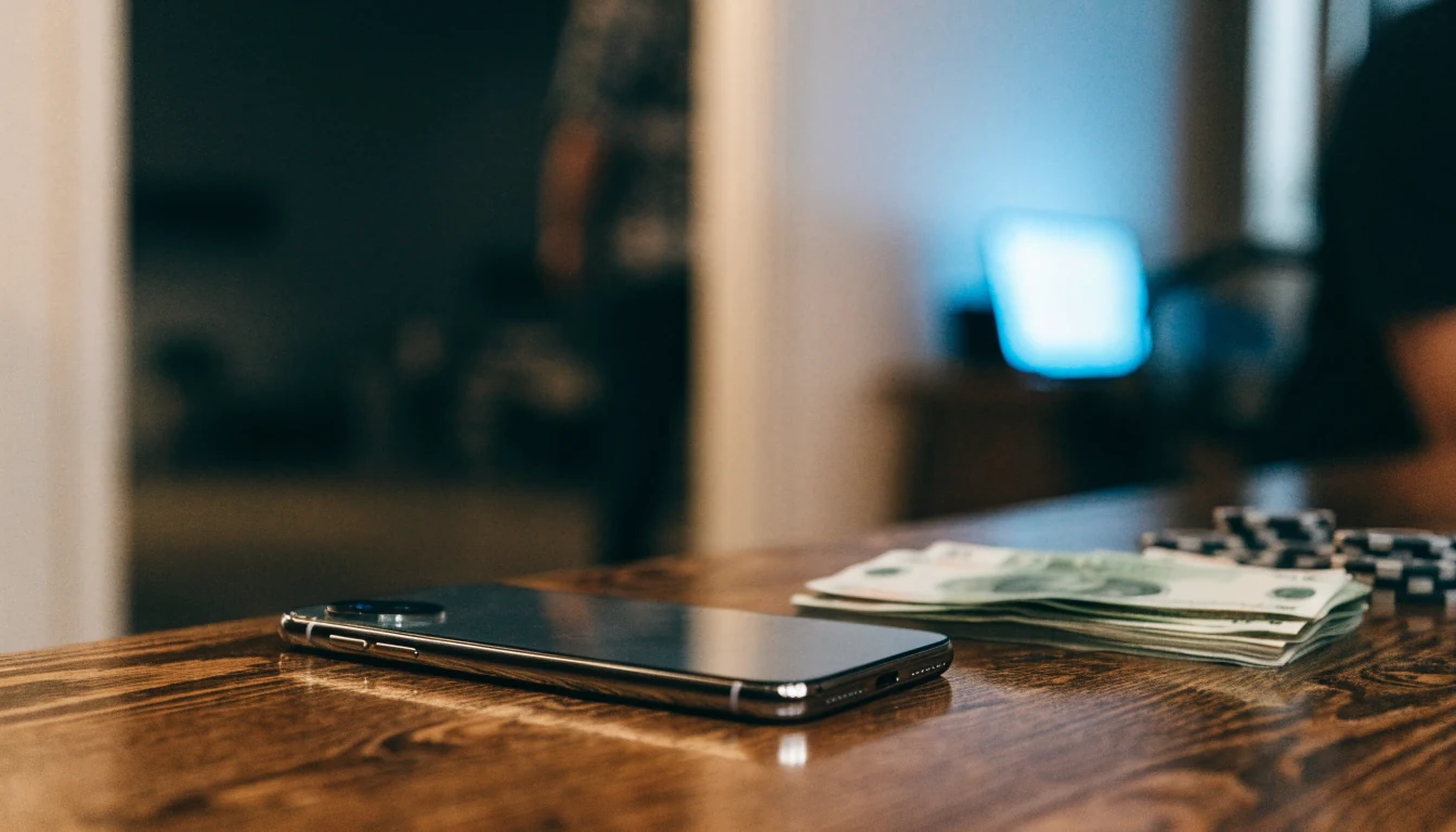 Smartphone med sedlar och pokerchips på ett mörkt bord