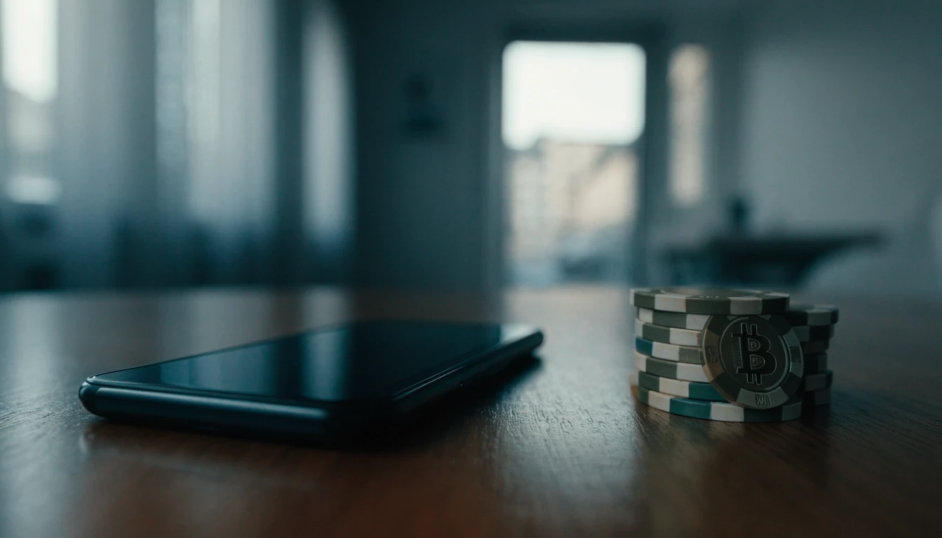 Smartphone, bitcoin-mynt och casinopoler på ett minimalistiskt skandinaviskt bord