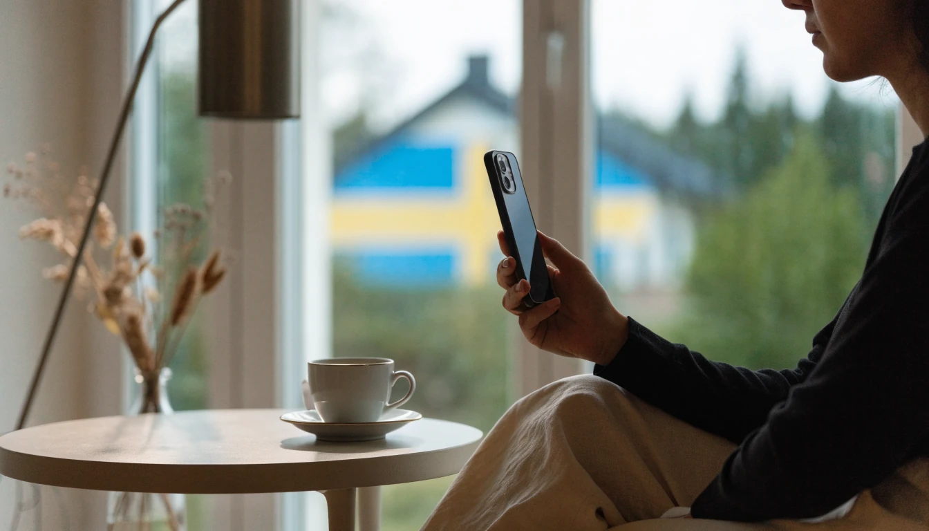 Person med smartphone i en svensk lägenhet, temat mobilbetalning