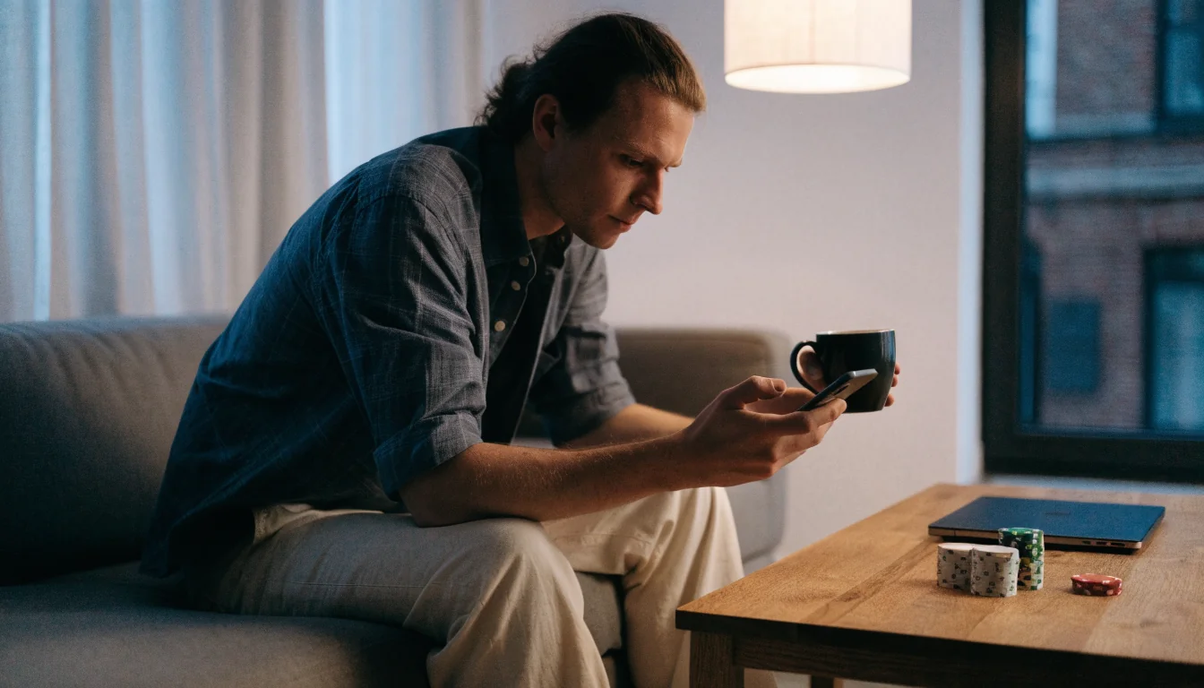Man i svensk lägenhet med telefon och casinoleksaker på soffbordet