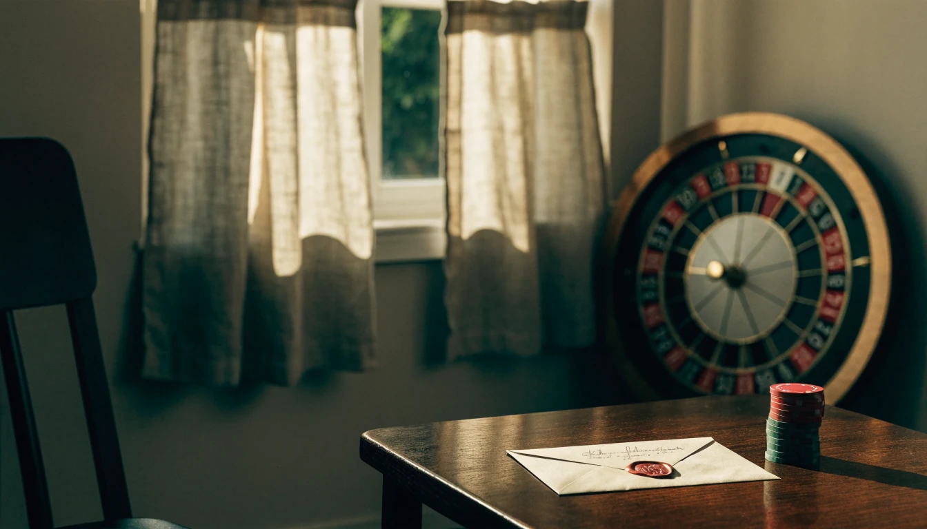 Skandinavisk inredning med casinofigurer, marker och ett förseglat kuvert på ett bord
