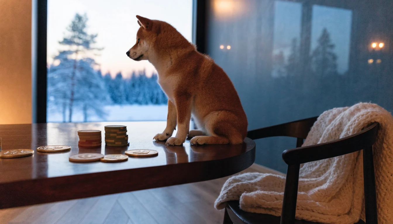 Shiba Inu-hund vid casinobord med kryptomynt i minimalistisk skandinavisk interiör